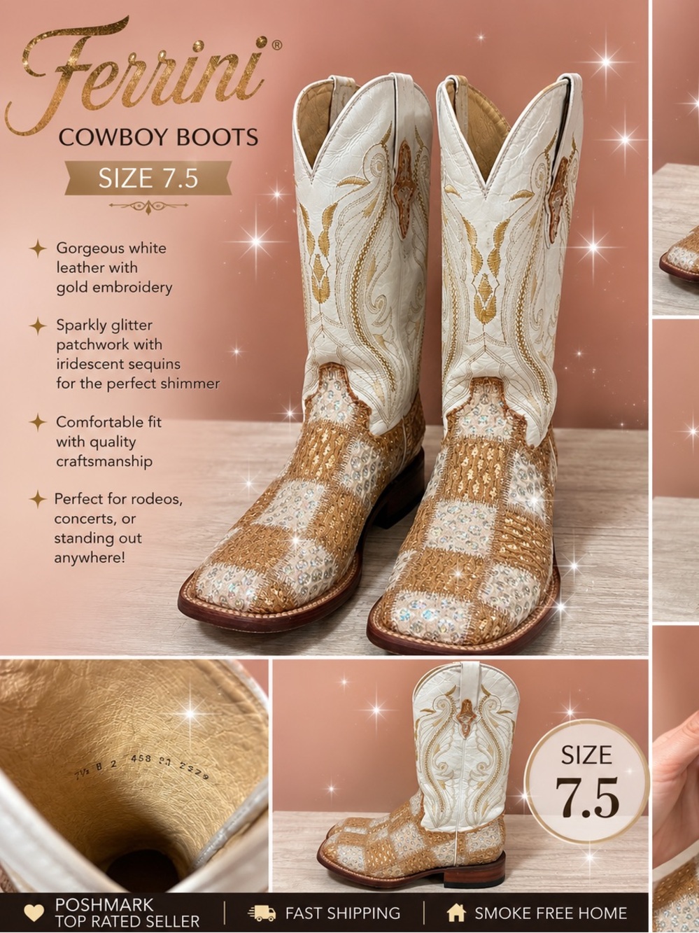 Ferrini White and Gold Patchwork Sequin Heeled Cowboy Boots - Size 7.5